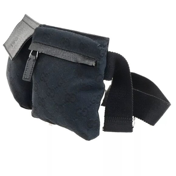 GUCCI Logo GG Pattern Bum Bag Belt Canvas Leather Black Silver Italy 85FB469 - Picture 1 of 16